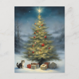 Outdoor Christmas Tree with Kitten and Presents Postcard