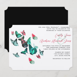 Outdoor Garden Butterfly Pink & Neo Mint Wedding Invitation