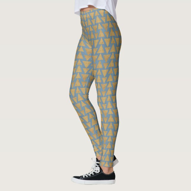 Outdoor Geo Step | Gold & Blue Pattern Leggings (Left)
