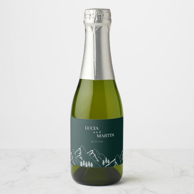 Outdoor Mountains Pine Tree Emerald Green Sparkling Wine Label (Front)