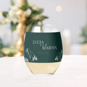 Outdoor Mountains Pine Tree Emerald Green Stemless Wine Glass