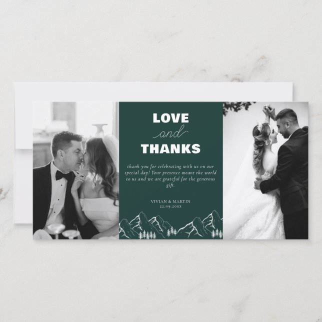 Outdoor Mountains Pine Tree Emerald Wedding Photo Thank You Card (Front)
