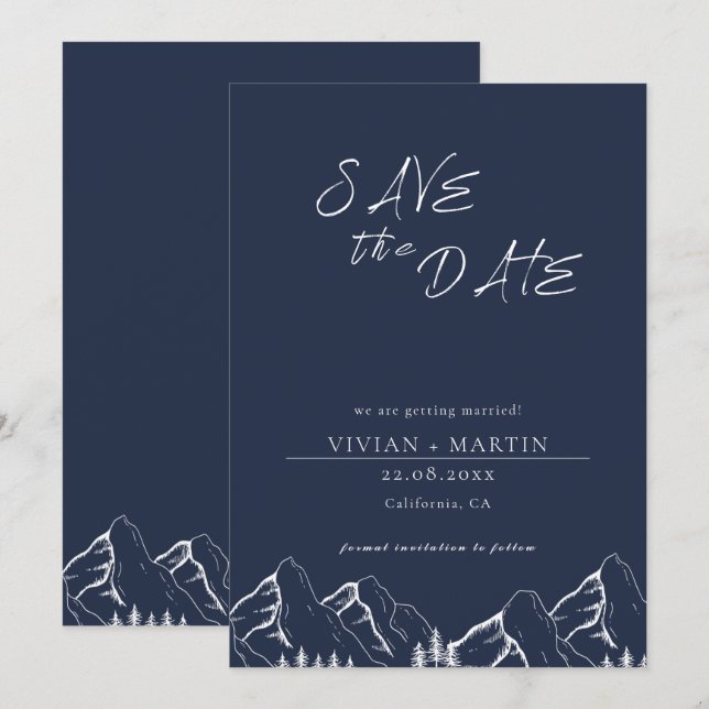 Outdoor Mountains Pine Tree Navy Save The Date Invitation (Front/Back)