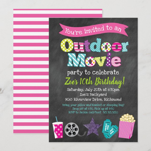 Outdoor Movie Birthday Party (Girls) - Chalkboard Invitation (Front/Back)