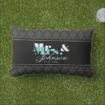 Outdoor Mr and Mrs throw pillow for newlyweds<br><div class="desc">Personalised Mr and Mrs outdoor throw pillow elegant style. Cute outside wedding gift idea for newly weds. Personalise with name of bride and groom / husband and wife. Classy pattern design with stylish typography. Script text. Teal blue / turquoise, grey, white and black colours with diamond shape pattern. Sylish home...</div>