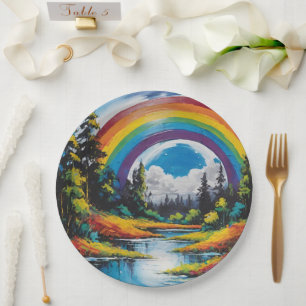 Outdoor Nature Forest River And Rainbow Paper Plate