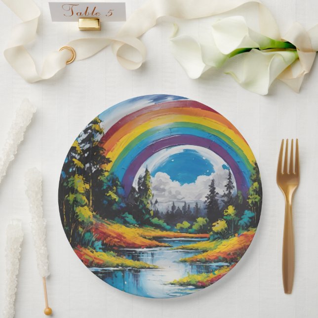 Outdoor Nature Forest River And Rainbow Paper Plate (Wedding)