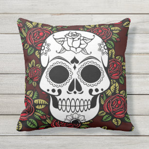 Outdoor patio cushion Retro skull roses red pillow
