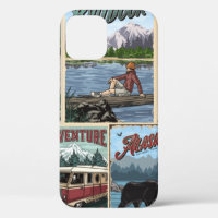 Outdoor recreation vintage posters set with canoe
