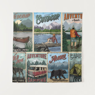 Outdoor recreation vintage posters set with canoe  tapestry
