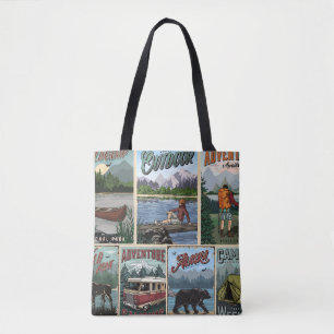 Outdoor recreation vintage posters set with canoe tote bag