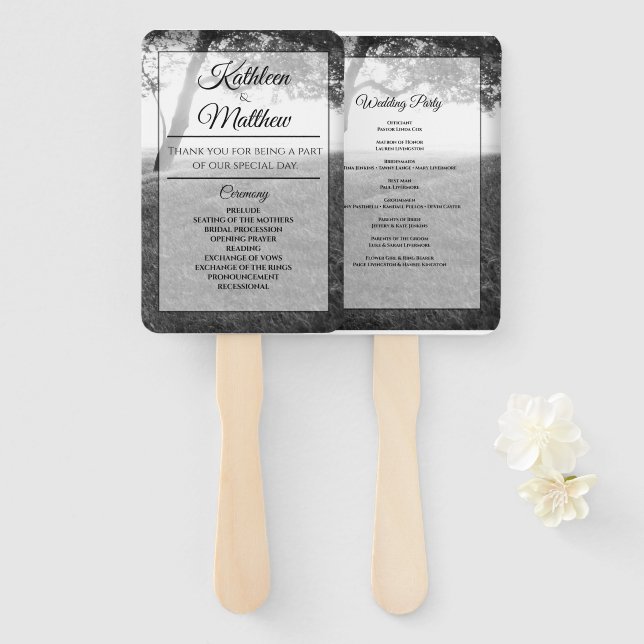 Outdoor Shade Black & White Wedding Program Hand Fan (Front and Back)