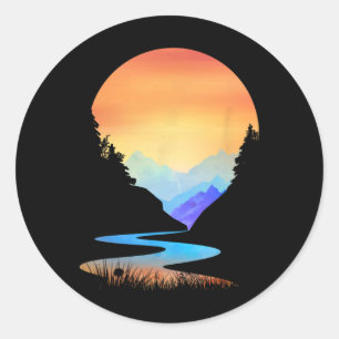Outdoor Sunset Vintage Style Mountains Sun Nature Classic Round Sticker