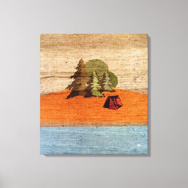 Outdoor Tent Camping in the Woods Woodgrain Look Canvas Print (Front)