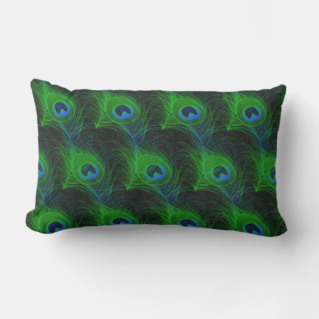 Outdoor Throw Pillow-Peacock Feathers Lumbar Cushion (Front)