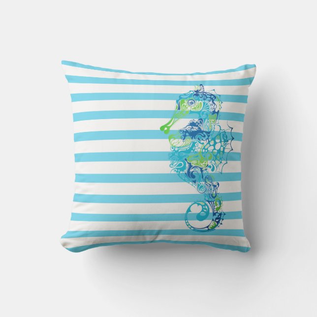 Outdoor Throw Pillow-Stripes & Seahorse Cushion (Front)