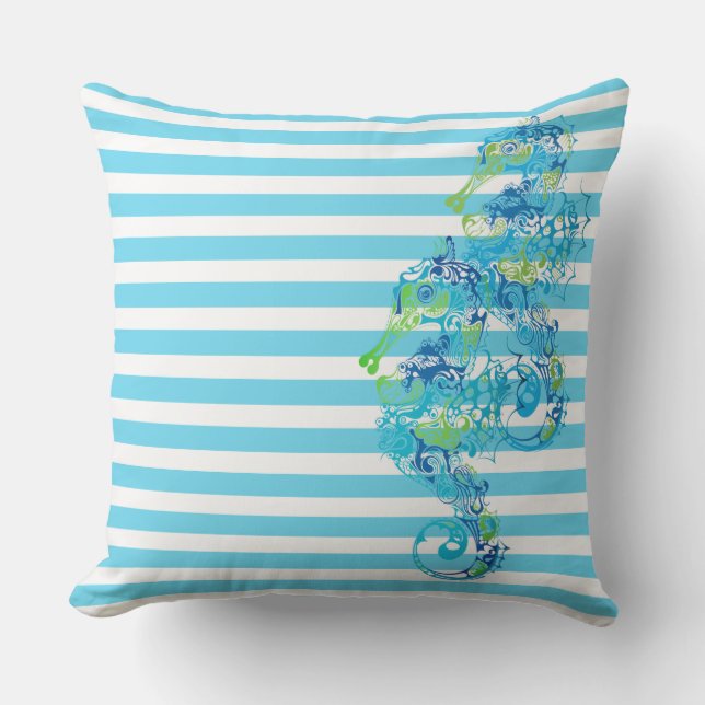 Outdoor Throw Pillow-Stripes & Seahorse Cushion (Front)