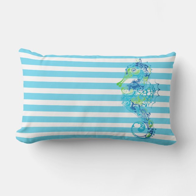 Outdoor Throw Pillow-Stripes & Seahorse Lumbar Cushion (Front)