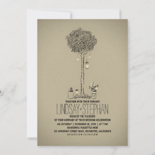 outdoor wedding invite with mason jars and tree