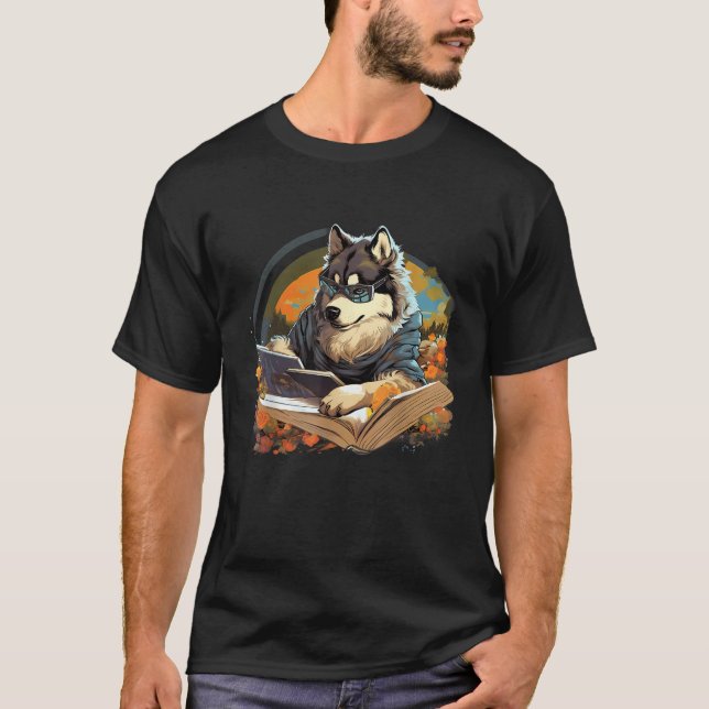 Outdoors Alaskan Malamute Dog Reading Book  T-Shirt (Front)