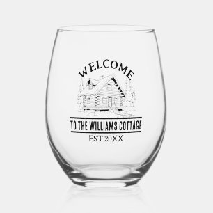 Outdoors Cabin Personalised Family Cottage Name Stemless Wine Glass
