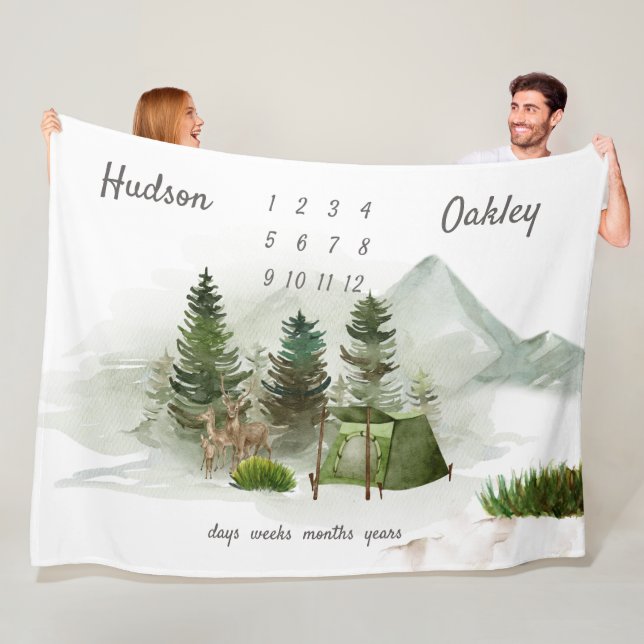 Outdoors Camping Adventure Twins Milestone  Fleece Blanket (In Situ)