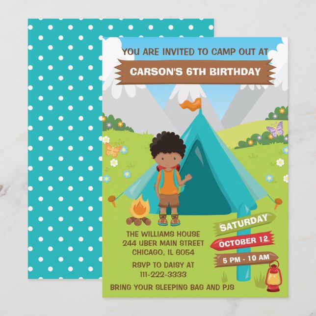 Outdoors Camping Birthday African American Boy Inv Invitation (Front/Back)