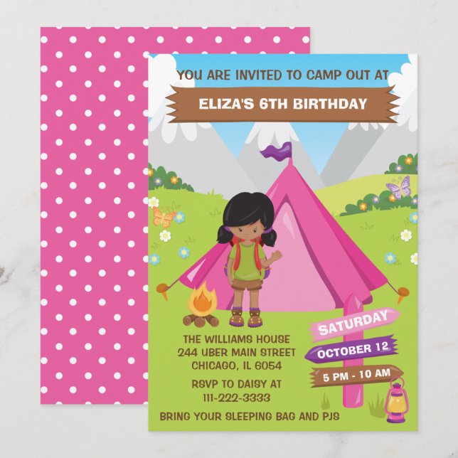Outdoors Camping Birthday African American Girl In Invitation (Front/Back)