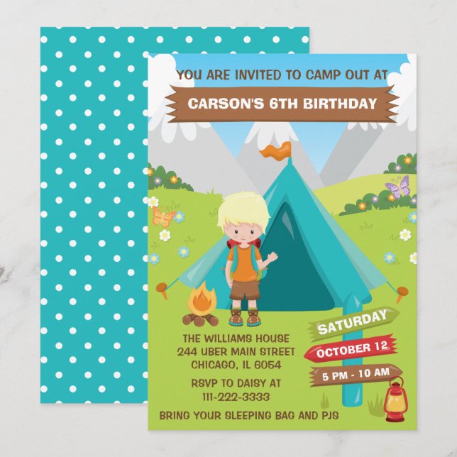 Outdoors Camping Birthday Party Blonde Hair Boy In Invitation (Front/Back)
