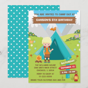 Outdoors Camping Birthday Party Blonde Hair Boy In Invitation