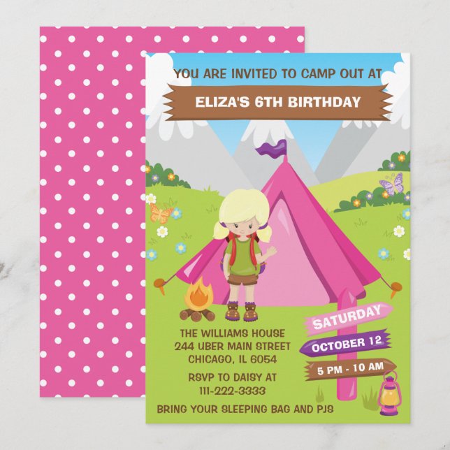 Outdoors Camping Birthday Party Blonde Hair Girl I Invitation (Front/Back)