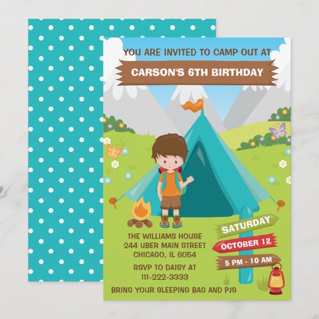 Outdoors Camping Birthday Party Brown Hair Boy Inv Invitation (Front/Back)