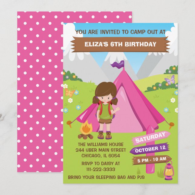 Outdoors Camping Birthday Party Brown Hair Girl In Invitation (Front/Back)