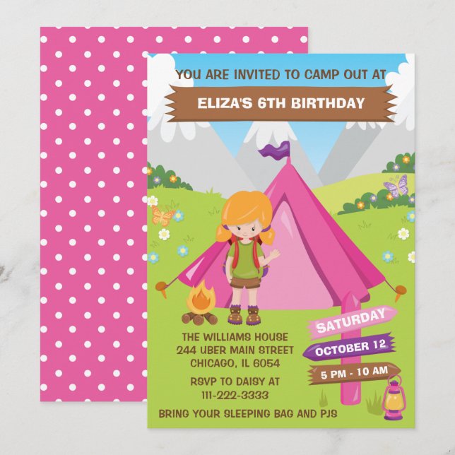 Outdoors Camping Birthday Party Red Hair Girl Invi Invitation (Front/Back)