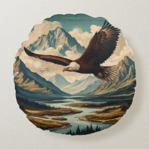 Outdoorsman bald eagle mountain range round cushion