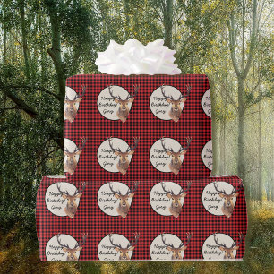Outdoorsman Buck Deer Buffalo Plaid Name Birthday Wrapping Paper