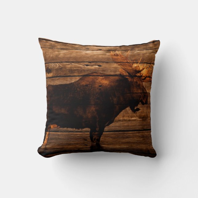 outdoorsman distressed wood wildlife bull moose cushion (Front)