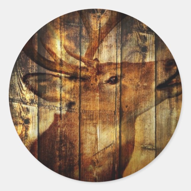 Outdoorsman primitive barn wood whitetail deer classic round sticker (Front)