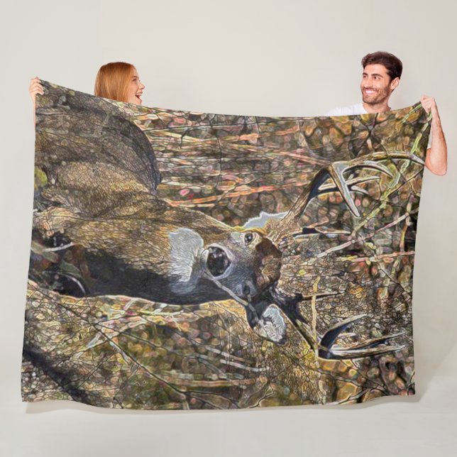 Outdoorsman Whitetail Deer Buck Hunter Plush Fleece Blanket (In Situ)