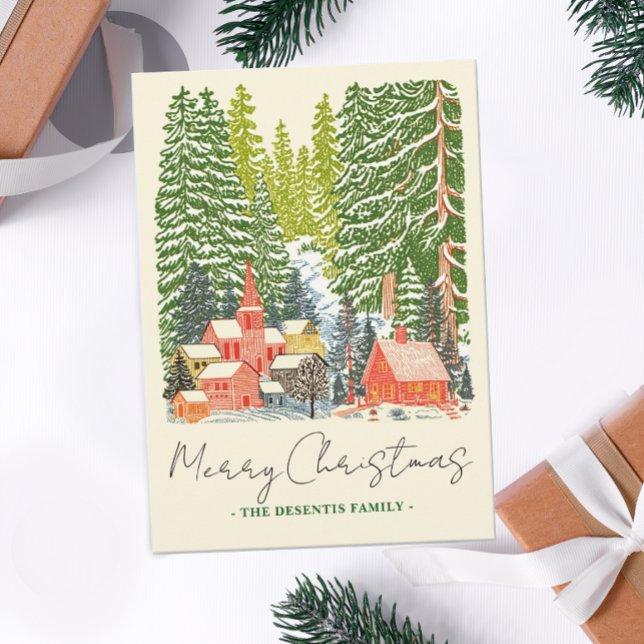 Outdoorsy Mountain Town Linocut Christmas Holiday Card (Creator Uploaded)