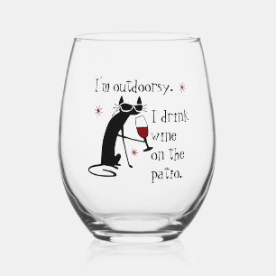Outdoorsy Patio Wine Quote with Cat Stemless Wine Glass