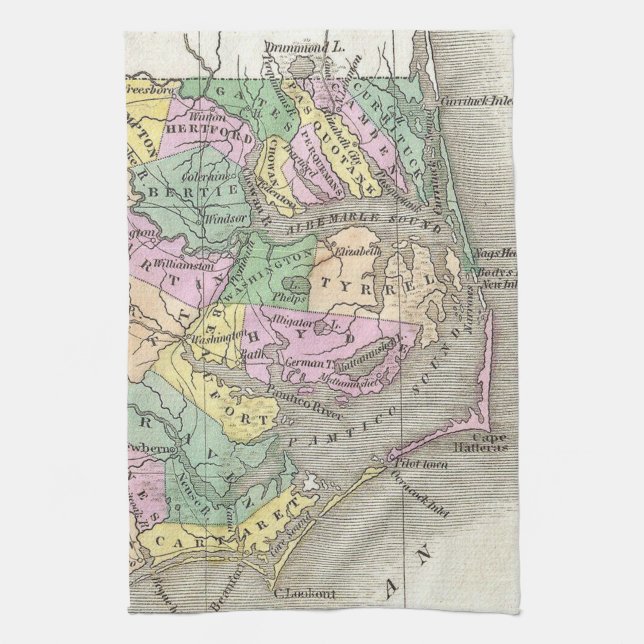 Outer Banks and Eastern North Carolina Map (1827) Tea Towel (Vertical)