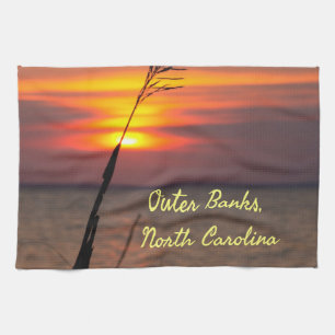 Outer Banks North Carolina Beach Sunset Orange Sky Tea Towel