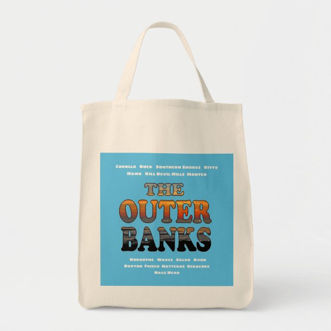 Outer Banks Sunrise Text And Towns OBX Tote Bag (Front)