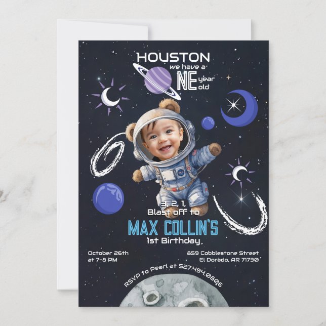 Outer Space 1st Birthday Invitation with Photo (Front)