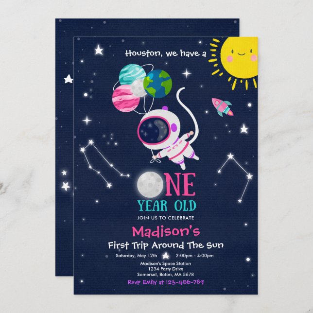 Outer Space 1st Birthday Party Astronaut Rocket Invitation (Front/Back)