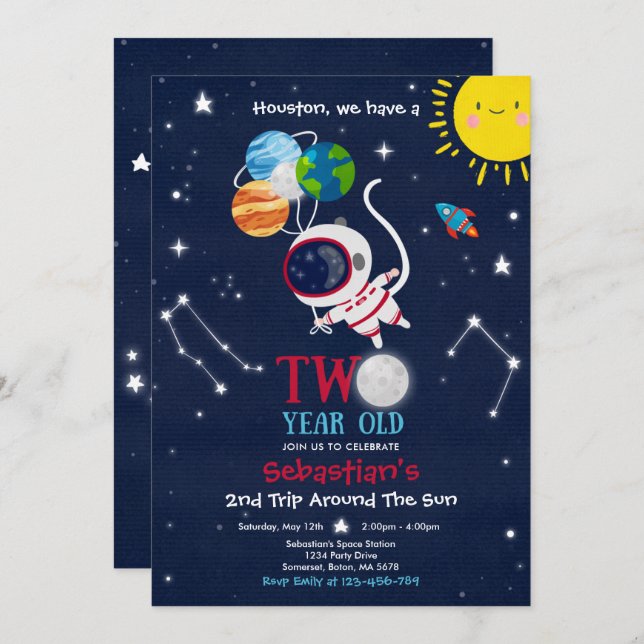 Outer Space 2nd Birthday Party Astronaut Rocket Invitation (Front/Back)