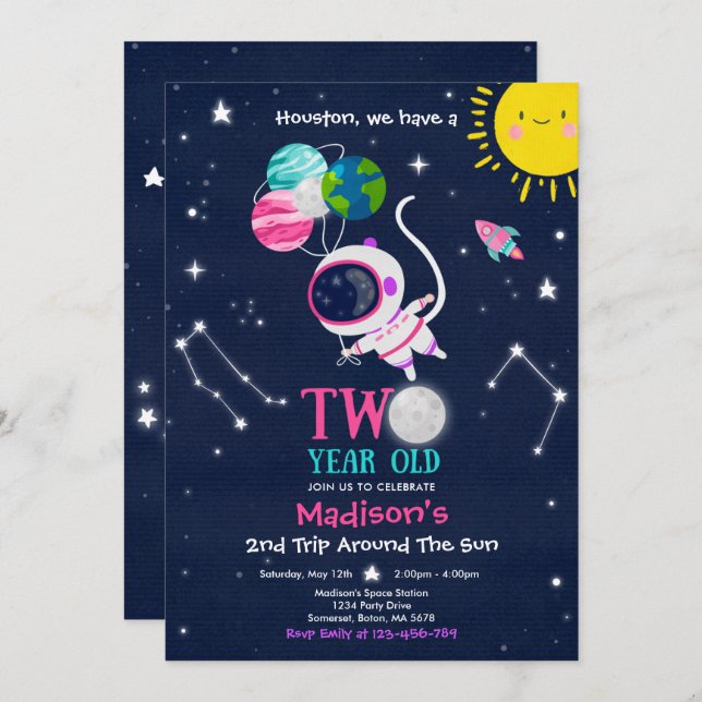 Outer Space 2nd Birthday Party Astronaut Rocket Invitation (Front/Back)