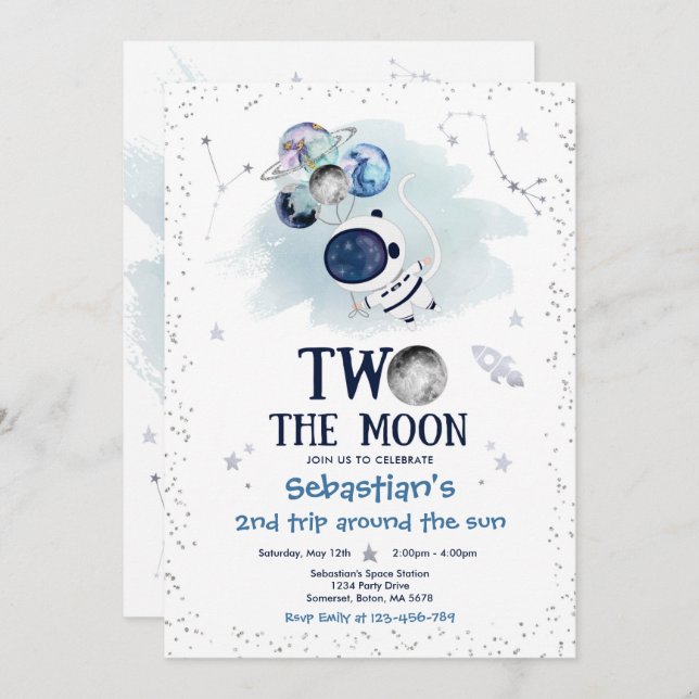 Outer Space 2nd Birthday Party Astronaut Rocket Invitation (Front/Back)