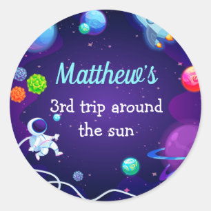 Outer Space 3rd Birthday Blue Astronaut Planet Classic Round Sticker